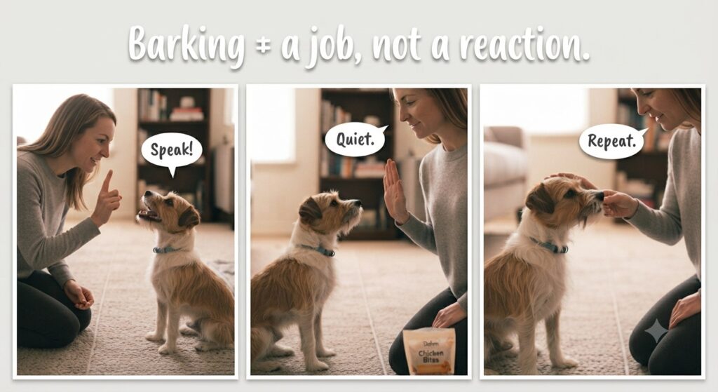 Training sequence (3 images) 1. "Speak" → Treat / 2. "Quiet" → Treat / 3. Repeat. Text: "Barking = a job, not a reaction."