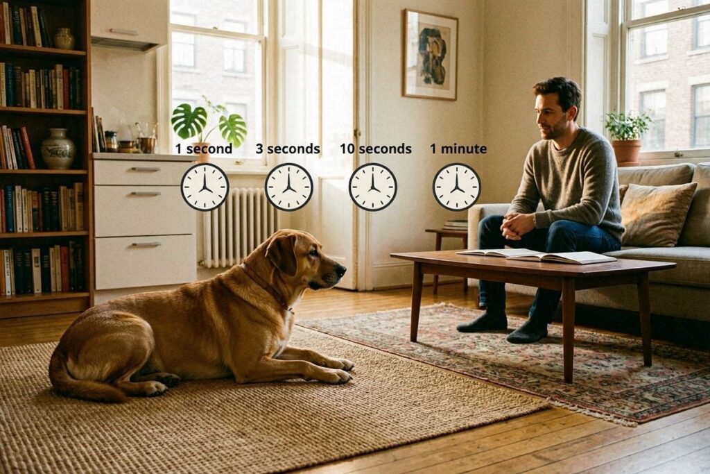 1 second → 3 seconds → 10 seconds → 1 minute. Dog silhouette on mat with clock icons.
