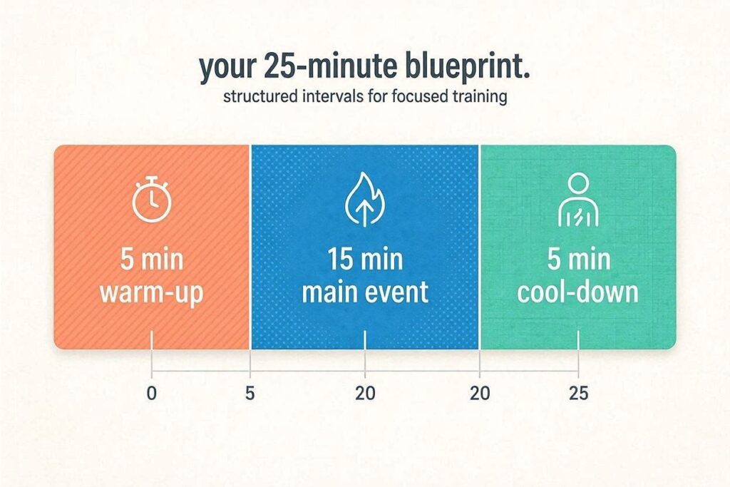5 min (Warm-up) → 15 min (Main Event) → 5 min (Cool-down). Color-coded. Text: "Your 25-Minute Blueprint."