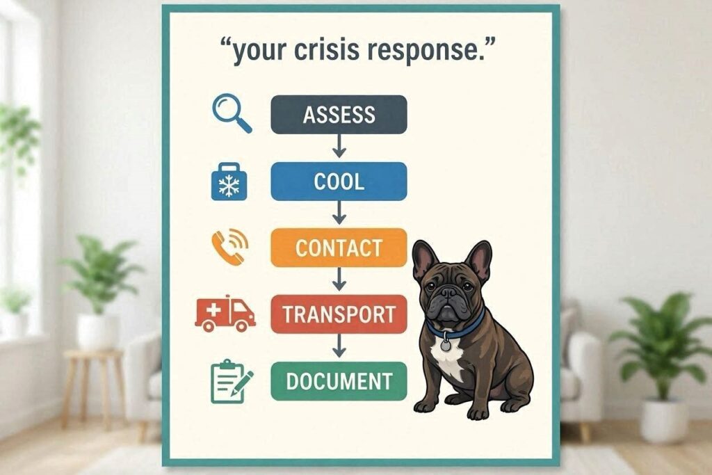 Emergency flowchart	Assess → Cool → Contact → Transport → Document. Text: "Your crisis response."	