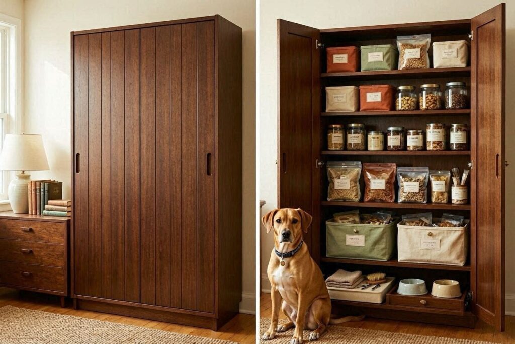 BILLY with OXBERG doors closed (looks like bookshelf) → open (reveals food, treats, grooming supplies). Carousel or split ima
