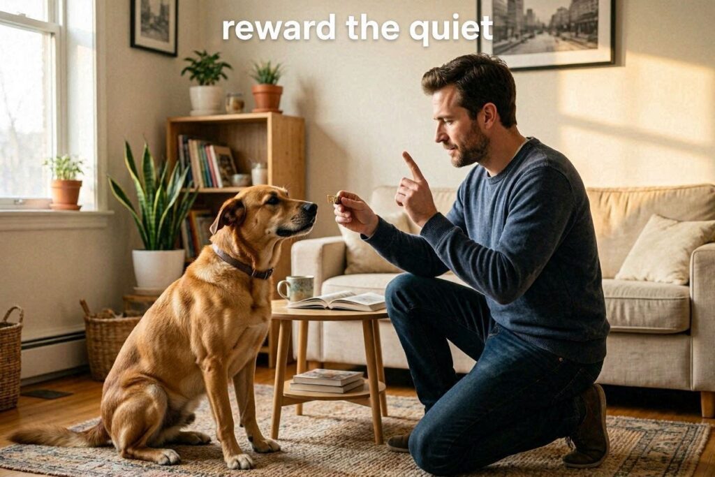 Dog barking → owner waits → dog stops → mark and reward. Text: "Reward the quiet."