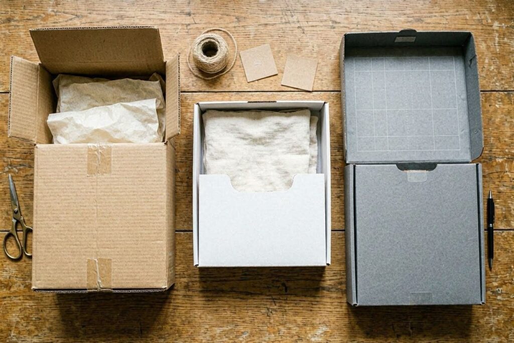 Flat lay of three boxes: high‑sided, low‑entry, top‑entry