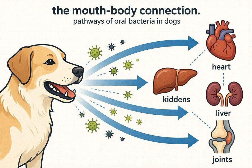 Body system diagram Mouth → Heart, Kidneys, Liver, Joints with bacteria flow arrows. Text: "The mouth-body connection."