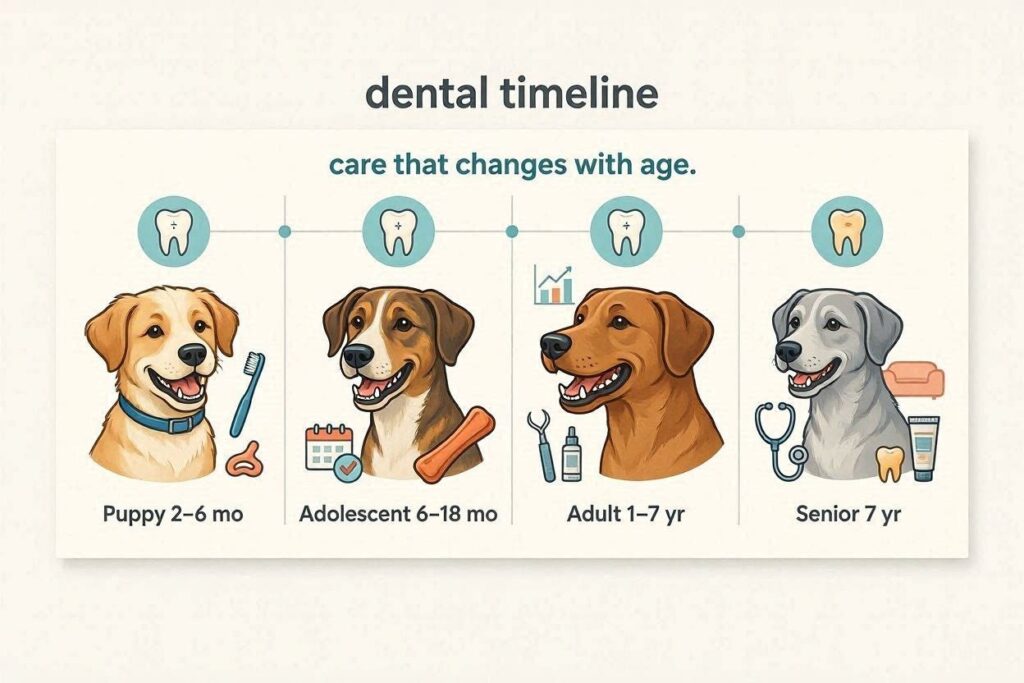 Age timeline graphic Puppy (2-6mo) → Adolescent (6-18mo) → Adult (1-7yr) → Senior (7+yr). Text: "Care that changes with age."