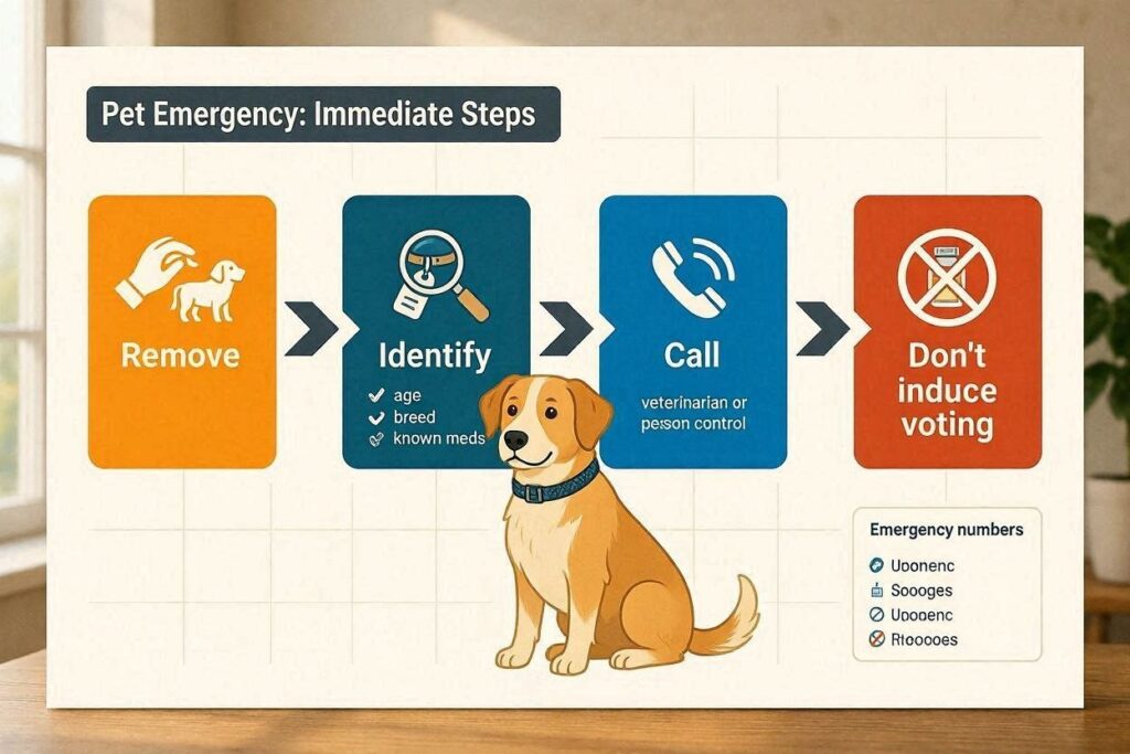 Emergency flowchart	Remove → Identify → Call → Don't induce vomiting. Color-coded steps.