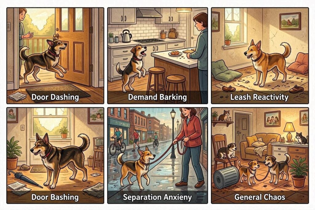 🚪 Door dashing / 🔊 Demand barking / 🦮 Leash reactivity / 😰 Separation anxiety / 🌀 General chaos. Each with brief caption.