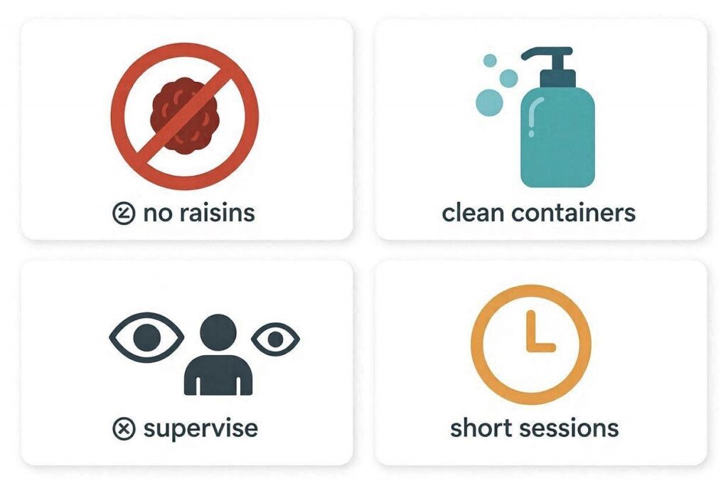 Safety icon grid	🚫 No cocoa/xylitol/raisins / 🧼 Clean containers / 👀 Supervise / ⏱️ Short sessions.