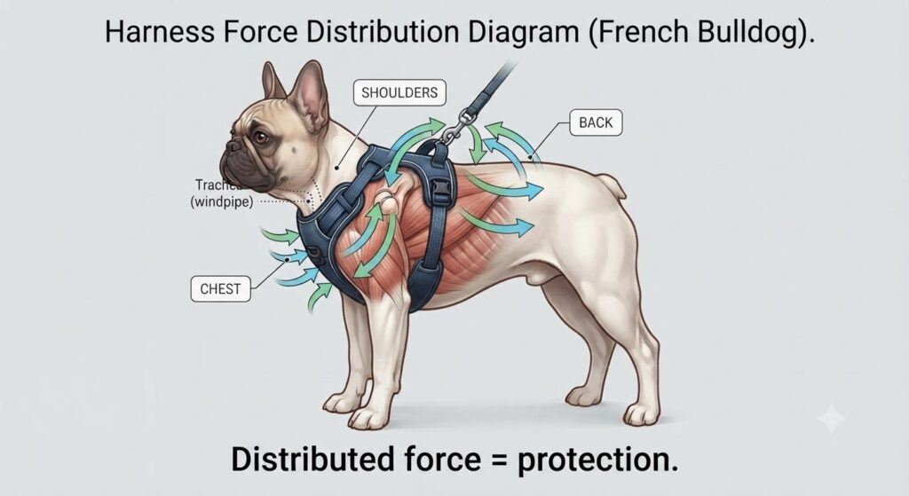 Harness force distribution diagram	Force arrows distributed to chest, shoulders, back—none at trachea. Text: "Distributed force = protection."
