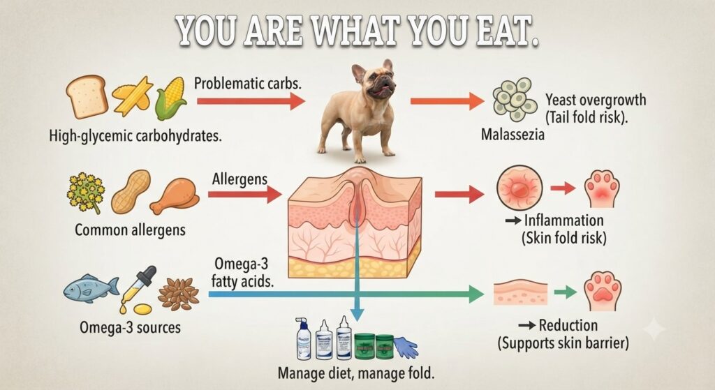 Diet diagram	Problematic carbs → yeast / Allergens → inflammation / Omega-3 → reduction. Text: "You are what you eat."