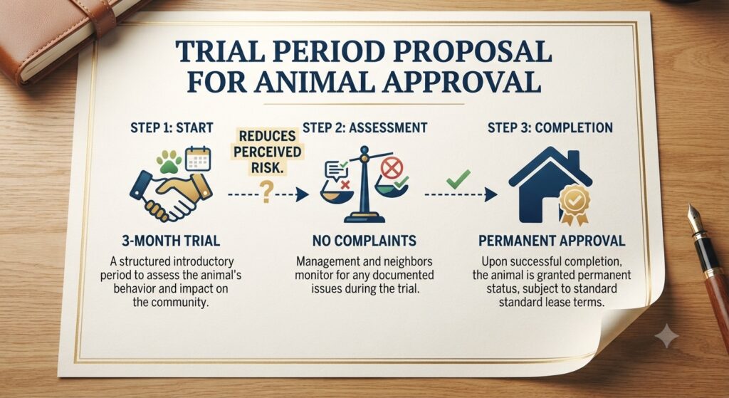 Trial period proposal graphic 3-month trial → no complaints → permanent approval. Text: "Reduces perceived risk."