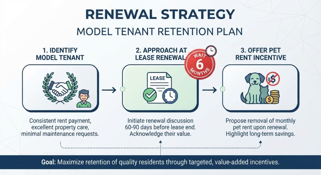 Renewal strategy graphic Model tenant → Approach at renewal → Remove pet rent as incentive. Text: "Wait 6 months."