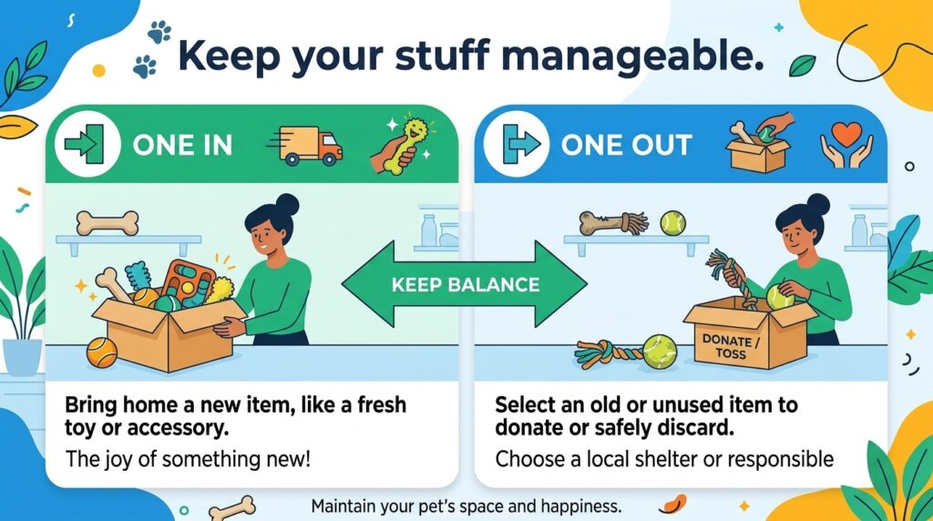 One in, one out graphic	New toy in → Old toy out (donate/toss). Text: "Keep your stuff manageable."