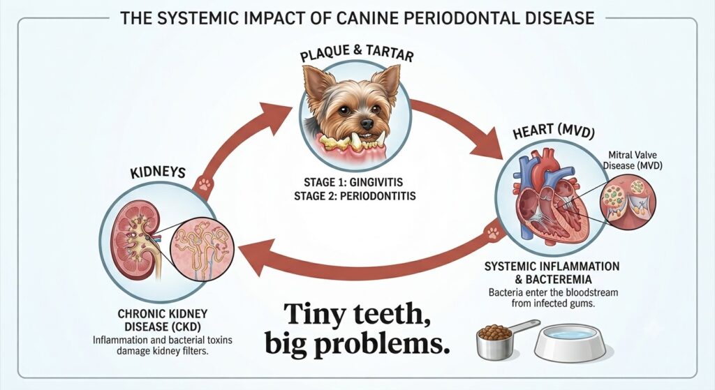 Dental triad diagram Plaque → Heart (MVD) → Kidneys. Text: "Tiny teeth, big problems."