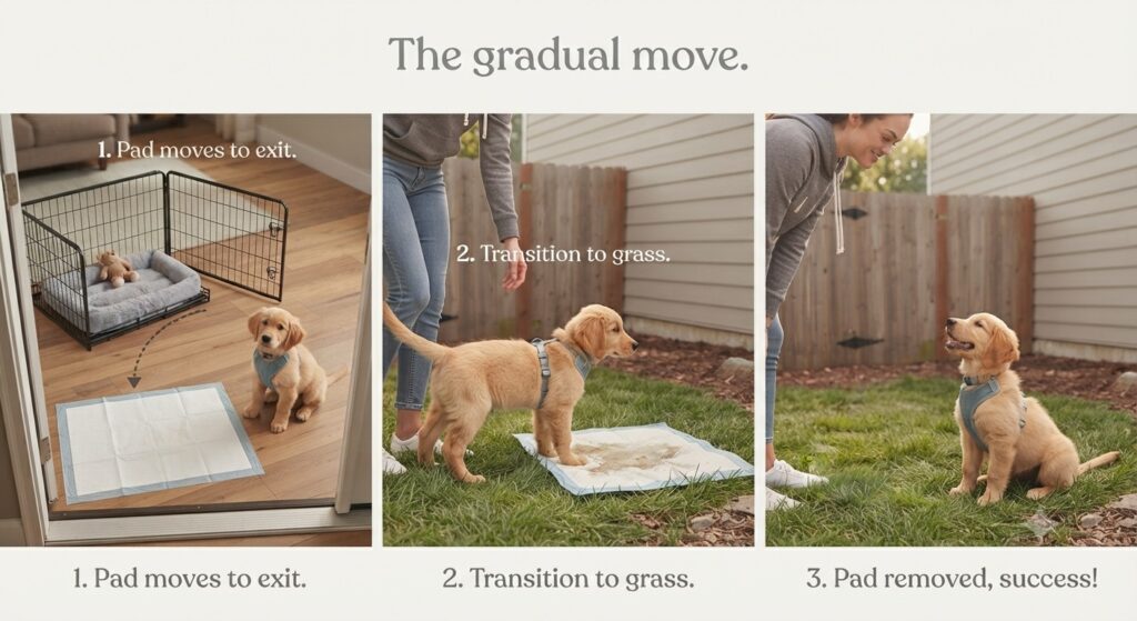 Transition sequence (3 images)	Potty pad moving closer to door → Outside → Removed. Text: "The gradual move."