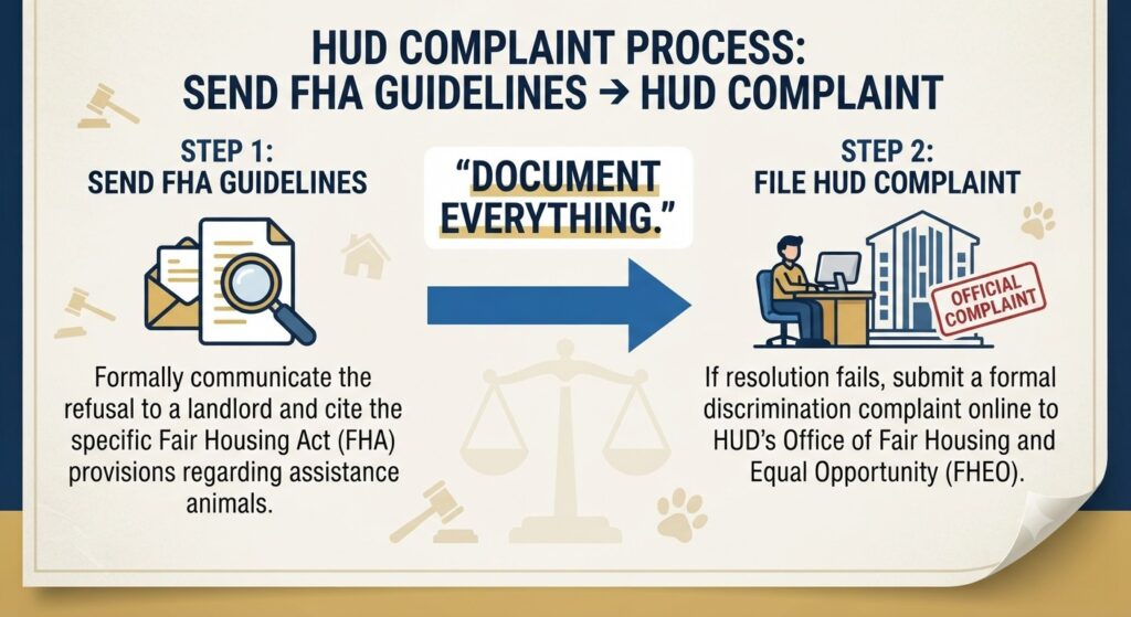 HUD complaint process Send FHA guidelines → HUD complaint. Text: "Document everything."