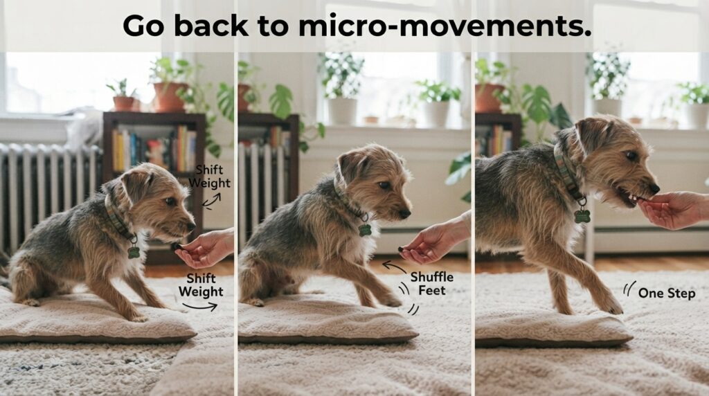 Micro-movement progression	Shift weight → Shuffle feet → One step. Text: "Go back to micro-movements."