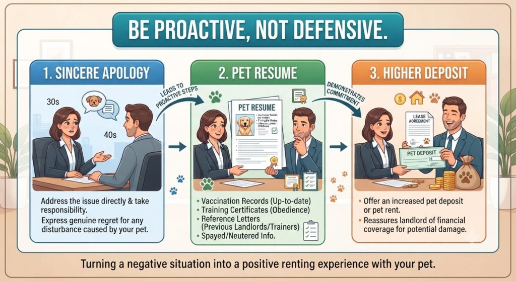 Apology + action graphic Sincere apology → pet resume → higher deposit. Text: "Be proactive, not defensive."