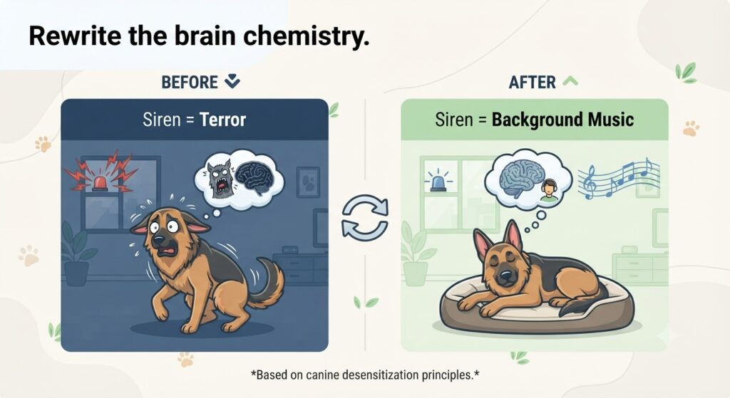 Brain rewrite graphic Siren = terror (before) → Siren = background music (after). Text: "Rewrite the brain chemistry."