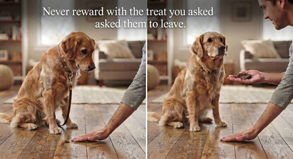 Golden rule graphic	Treat on floor (ignored) → Different treat from hand (reward). Text: "Never reward with the treat you asked them to leave."