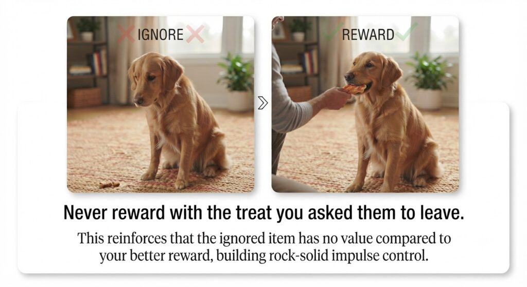 Separate treat reward graphic Treat on floor (ignored) → Different treat from hand (reward). Text: "Never reward with the treat you asked them to leave."