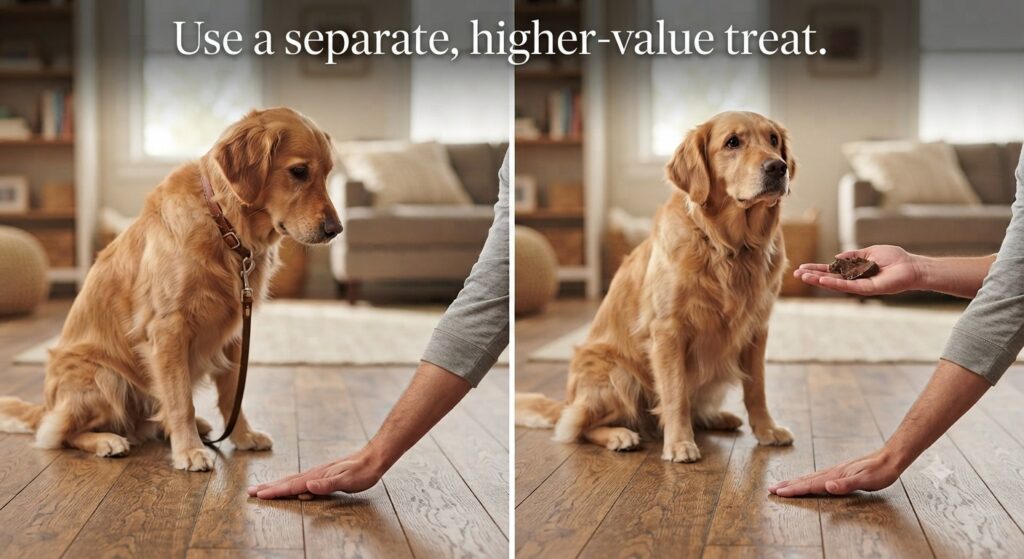 Separate treat reward graphic	Treat on floor (ignored) → Different treat from hand (reward). Text: "Use a separate, higher-value treat."