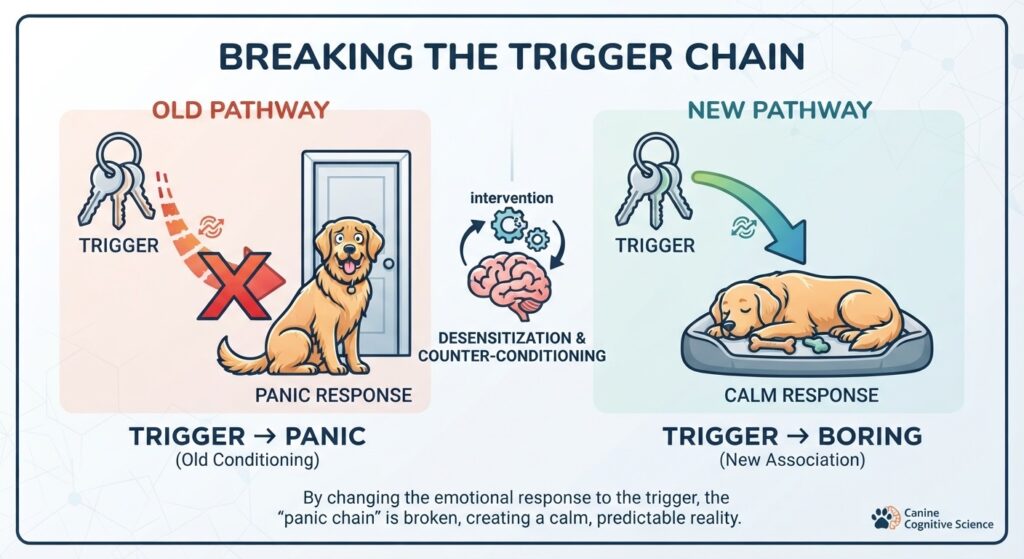 Flitting science diagram	Trigger → Panic (old) vs Trigger → Boring (new). Text: "Breaking the trigger chain."	