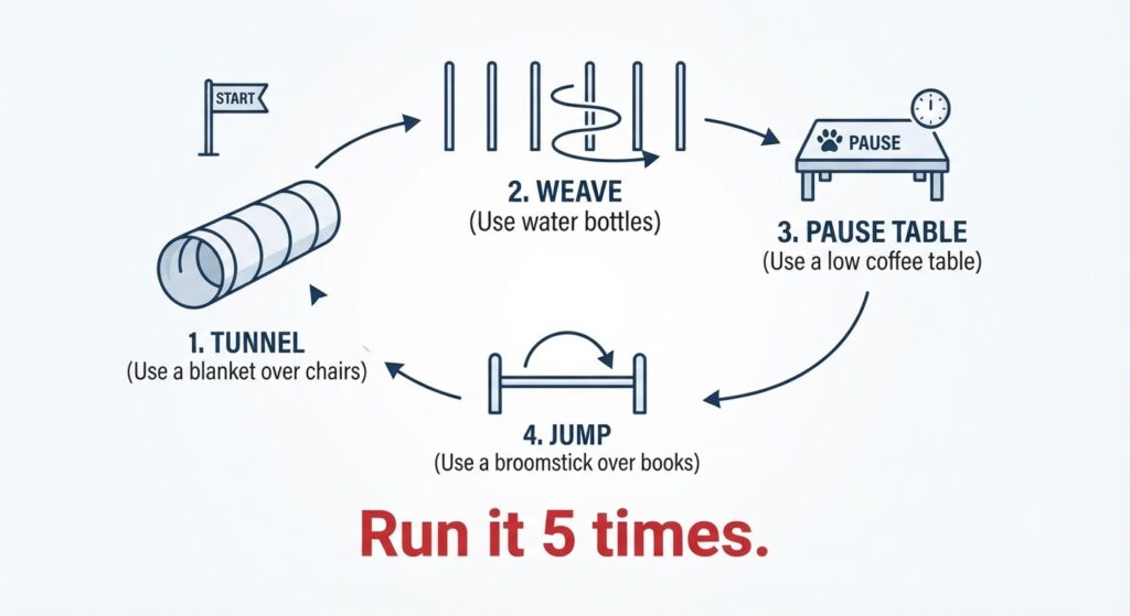Course layout diagram Tunnel → Weave → Pause Table → Jump. Text: "Run it 5 times."
