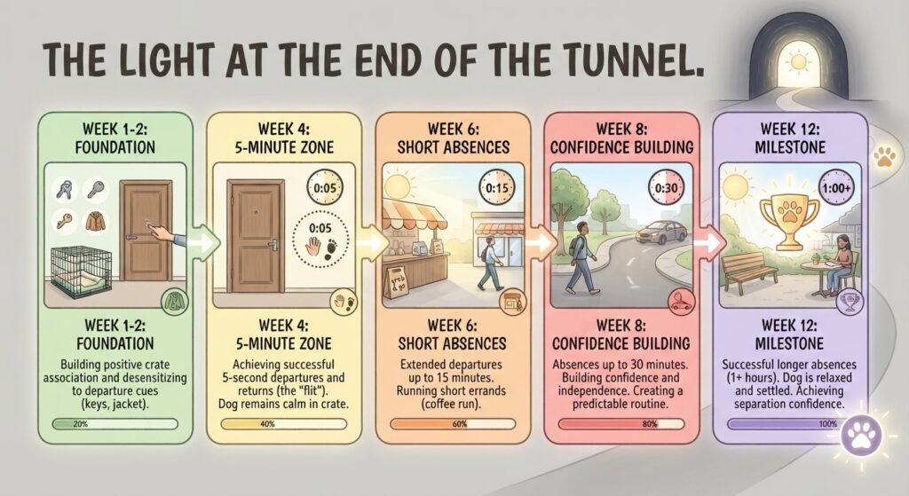 Progress timeline graphic	Week 1-2 → Week 4 → Week 6 → Week 8 → Week 12. Text: "The light at the end of the tunnel."