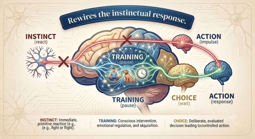 Brain wiring graphic	Instinct (react) → Training (pause) → Choice (wait). Text: "Rewires the instinctual response."
